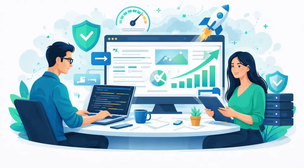 Developers building a fast and reliable website with performance optimization