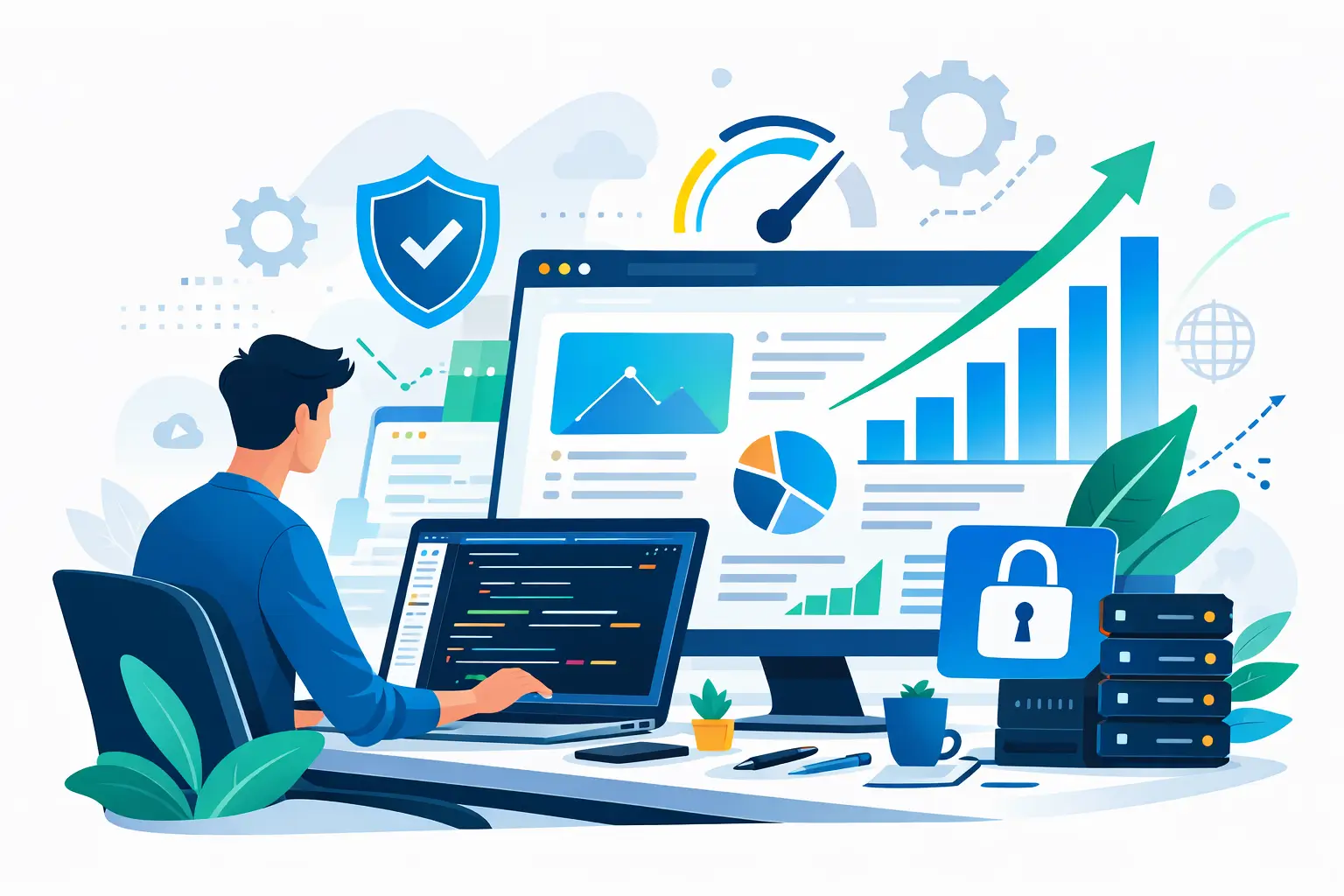 Illustration of website development showing performance analytics, security and growth