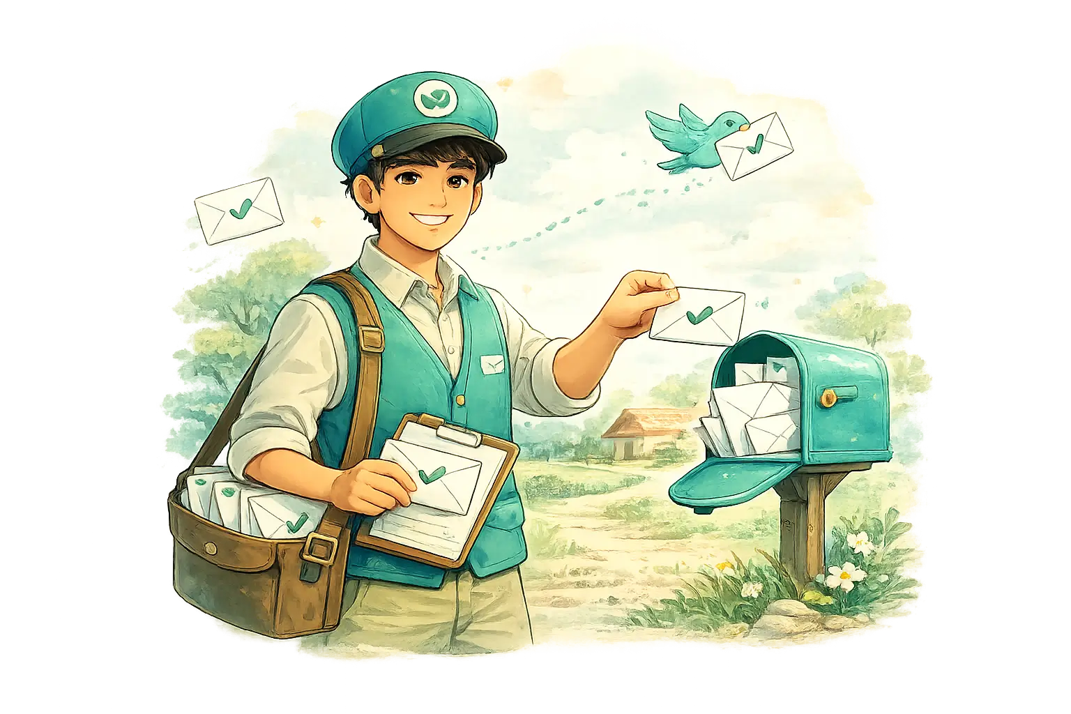 Illustration of a postman delivering emails for newsletter signup