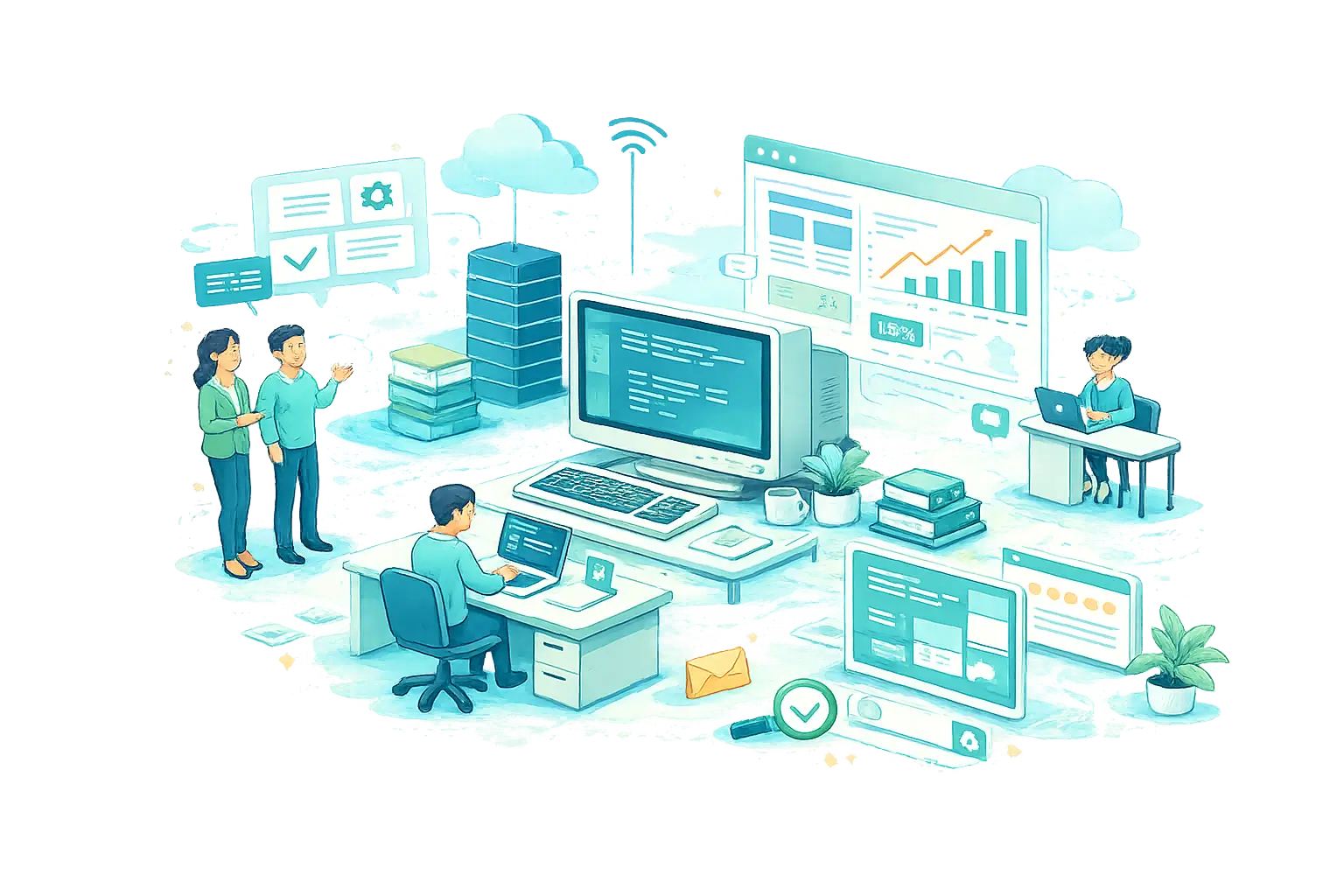 Modern developer workspace showing web development skills and tools