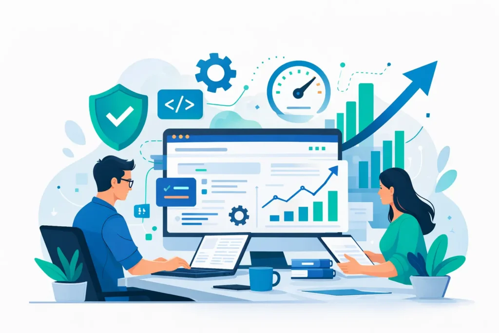 Illustration of website development showing security, speed and performance growth